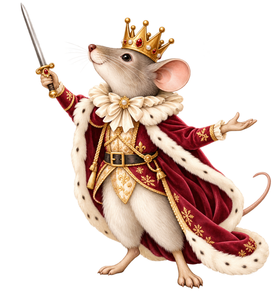 The Mouse King holding a sword and wearing a golden crown.