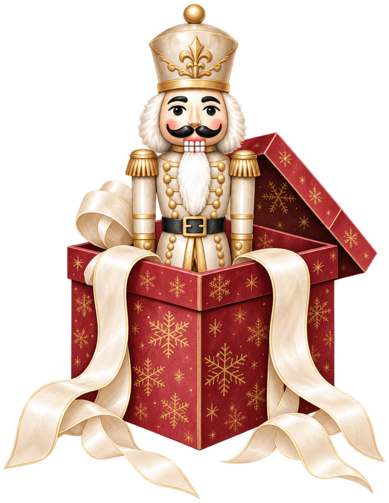 A nutcracker rising from a red gift box.