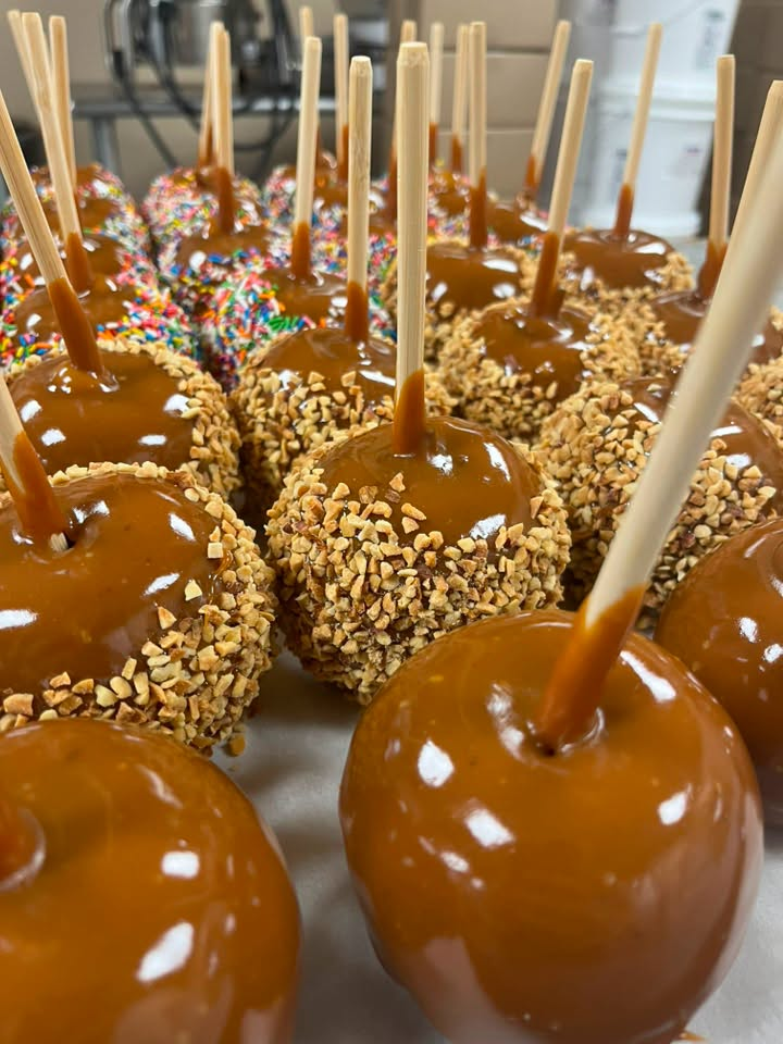 Caramel apples topped with nuts.