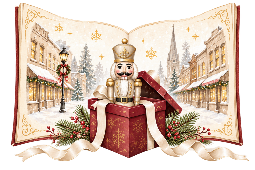 A nutcracker rising from a red gift box in front of an open storybook showing a snowy downtown street.