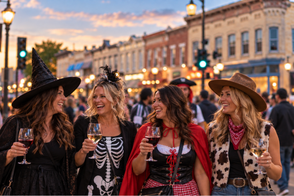 Friends in costumes sharing wine on a downtown street at dusk.