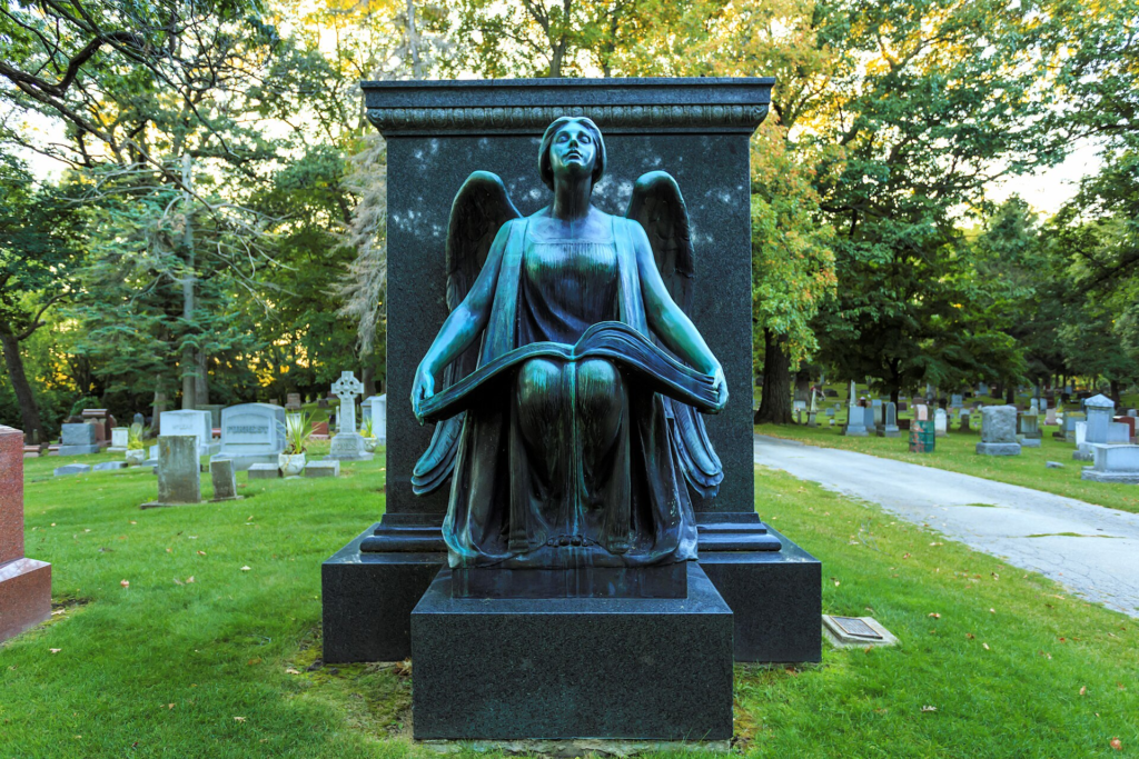 The Recording Angel bronze sculpture by Lorado Taft at Forest Mound Cemetery in Waupun.